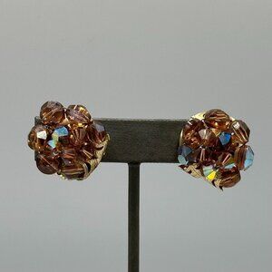 3/$30 Vintage Clip On Earrings Gold Tone Brown Crystal Cluster Aurora Borealis